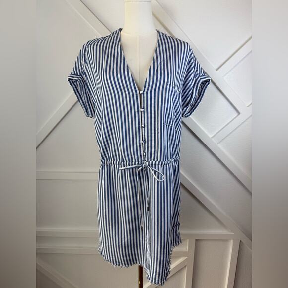 Revolve PAIGE Haidee Blue And White Stripe Drawstring Raw Hem Dress Size Medium - Picture 2 of 12